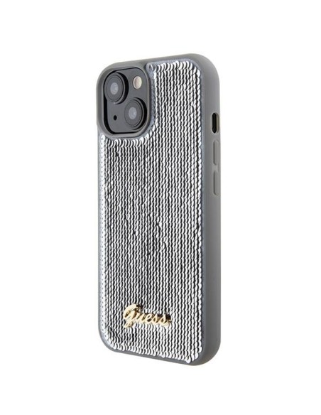 Guess Sequin Script Metalinis dėklas iPhone 15 - sidabrinis Guess Sequin Script Metalinis dėklas iPhone 15 - sidabrinis