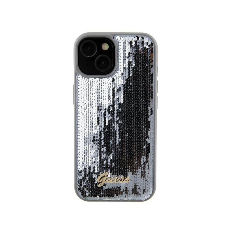 Guess Sequin Script Metalinis dėklas iPhone 15 - sidabrinis