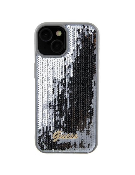 Guess Sequin Script Metalinis dėklas iPhone 15 - sidabrinis Guess Sequin Script Metalinis dėklas iPhone 15 - sidabrinis