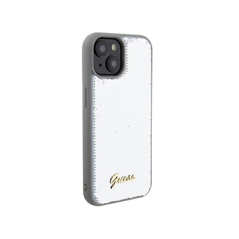 Guess Sequin Script Metalinis dėklas iPhone 15 - sidabrinis