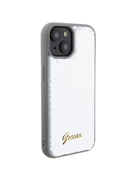 Guess Sequin Script Metalinis dėklas iPhone 15 - sidabrinis Guess Sequin Script Metalinis dėklas iPhone 15 - sidabrinis