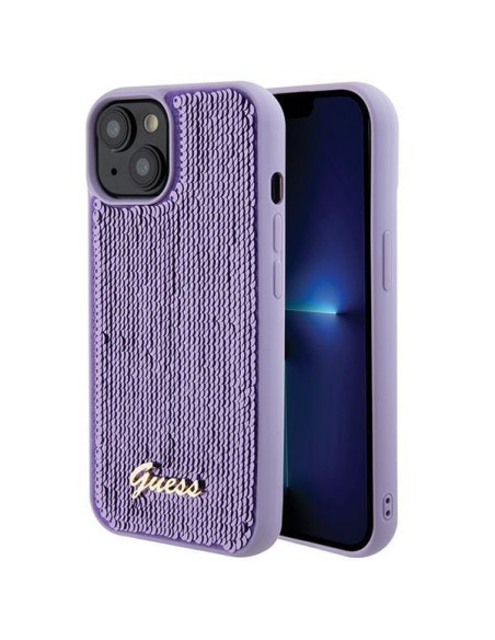 Guess Sequin Script Metalinis dėklas iPhone 15 - violetinis Guess Sequin Script Metalinis dėklas iPhone 15 - violetinis