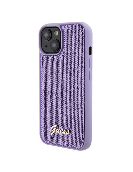 Guess Sequin Script Metalinis dėklas iPhone 15 - violetinis Guess Sequin Script Metalinis dėklas iPhone 15 - violetinis