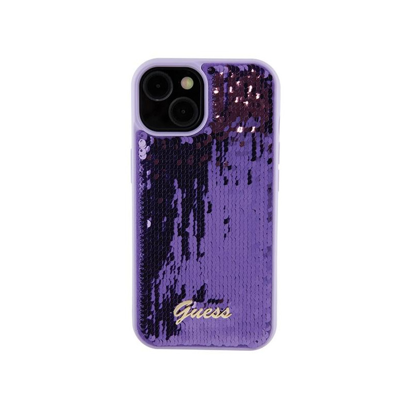 Guess Sequin Script Metalinis dėklas iPhone 15 - violetinis