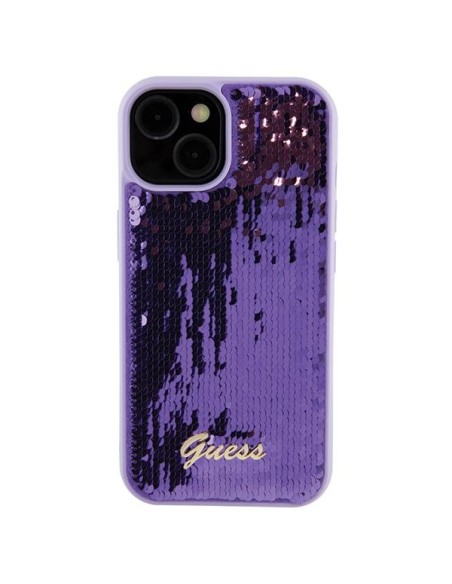 Guess Sequin Script Metalinis dėklas iPhone 15 - violetinis Guess Sequin Script Metalinis dėklas iPhone 15 - violetinis