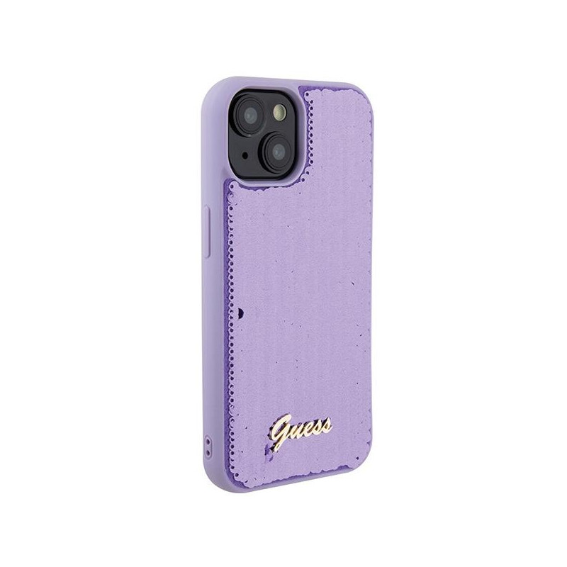 Guess Sequin Script Metalinis dėklas iPhone 15 - violetinis