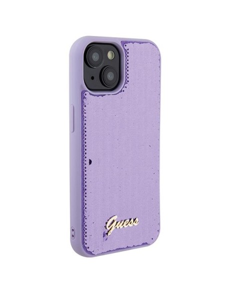 Guess Sequin Script Metalinis dėklas iPhone 15 - violetinis Guess Sequin Script Metalinis dėklas iPhone 15 - violetinis