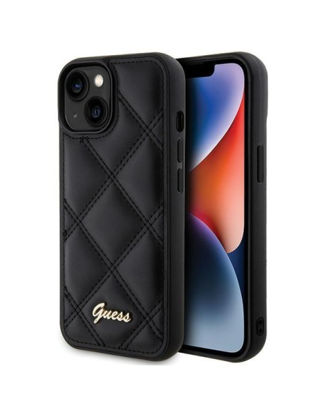Guess Quilted Metal Logo dėklas, skirtas iPhone 15 - juodas Guess Quilted Metal Logo dėklas, skirtas iPhone 15 - juodas