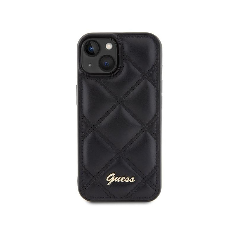 Guess Quilted Metal Logo dėklas, skirtas iPhone 15 - juodas