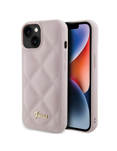 Guess Quilted Metal Logo dėklas, skirtas iPhone 15 - rožinis