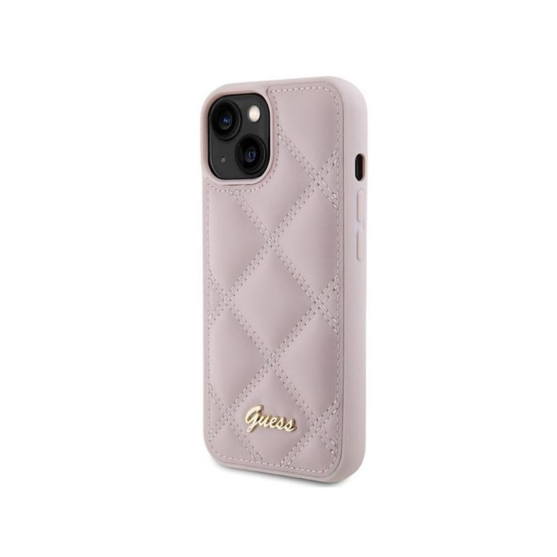 Guess Quilted Metal Logo dėklas, skirtas iPhone 15 - rožinis