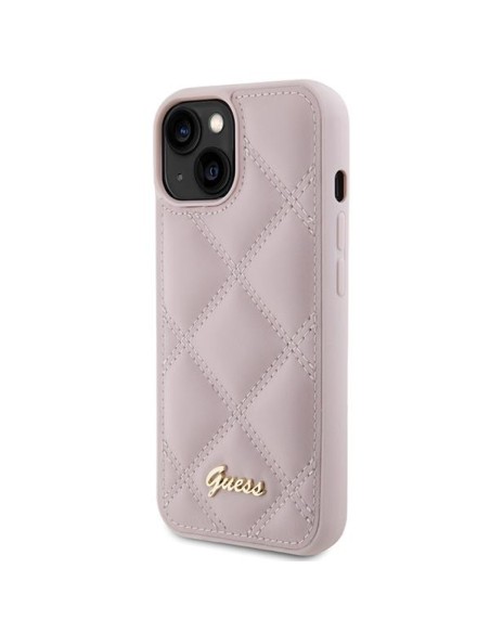 Guess Quilted Metal Logo dėklas, skirtas iPhone 15 - rožinis