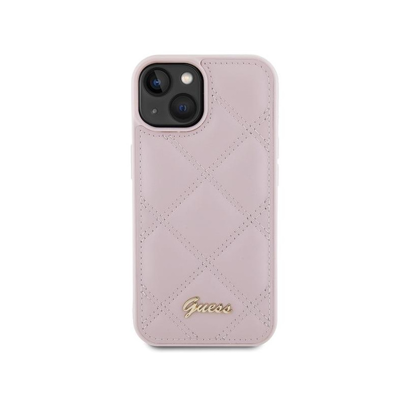 Guess Quilted Metal Logo dėklas, skirtas iPhone 15 - rožinis