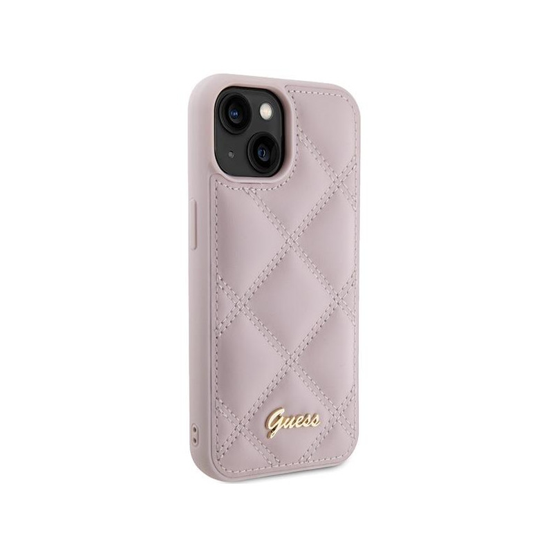 Guess Quilted Metal Logo dėklas, skirtas iPhone 15 - rožinis