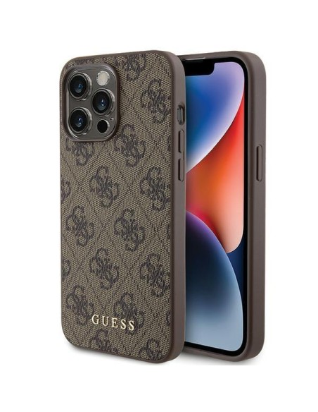 Guess 4G Metal Gold Logo dėklas, skirtas iPhone 15 Pro Max - rudas Guess 4G Metal Gold Logo dėklas, skirtas iPhone 15 Pro Max - rudas