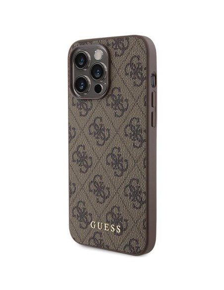 Guess 4G Metal Gold Logo dėklas, skirtas iPhone 15 Pro Max - rudas Guess 4G Metal Gold Logo dėklas, skirtas iPhone 15 Pro Max - rudas