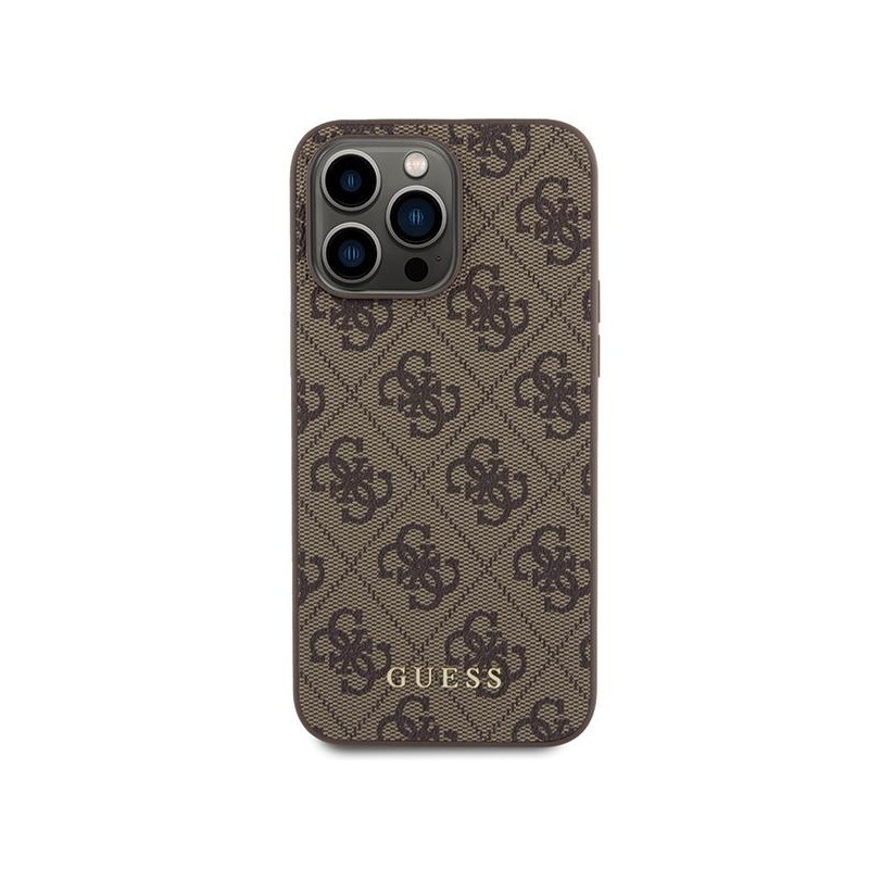 Guess 4G Metal Gold Logo dėklas, skirtas iPhone 15 Pro Max - rudas