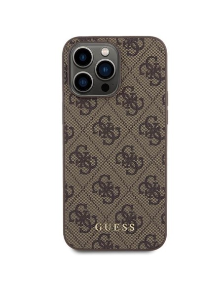 Guess 4G Metal Gold Logo dėklas, skirtas iPhone 15 Pro Max - rudas Guess 4G Metal Gold Logo dėklas, skirtas iPhone 15 Pro Max - rudas