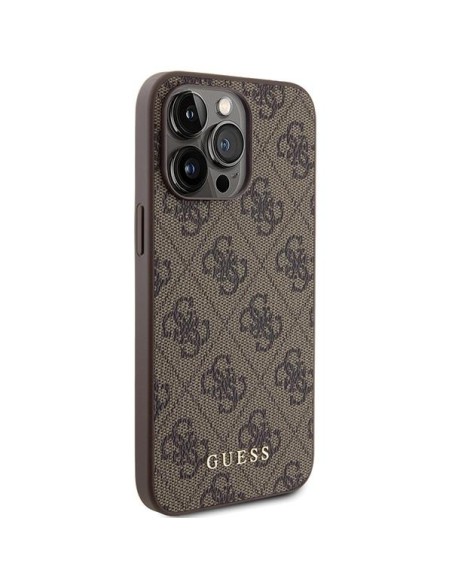 Guess 4G Metal Gold Logo dėklas, skirtas iPhone 15 Pro Max - rudas Guess 4G Metal Gold Logo dėklas, skirtas iPhone 15 Pro Max - rudas