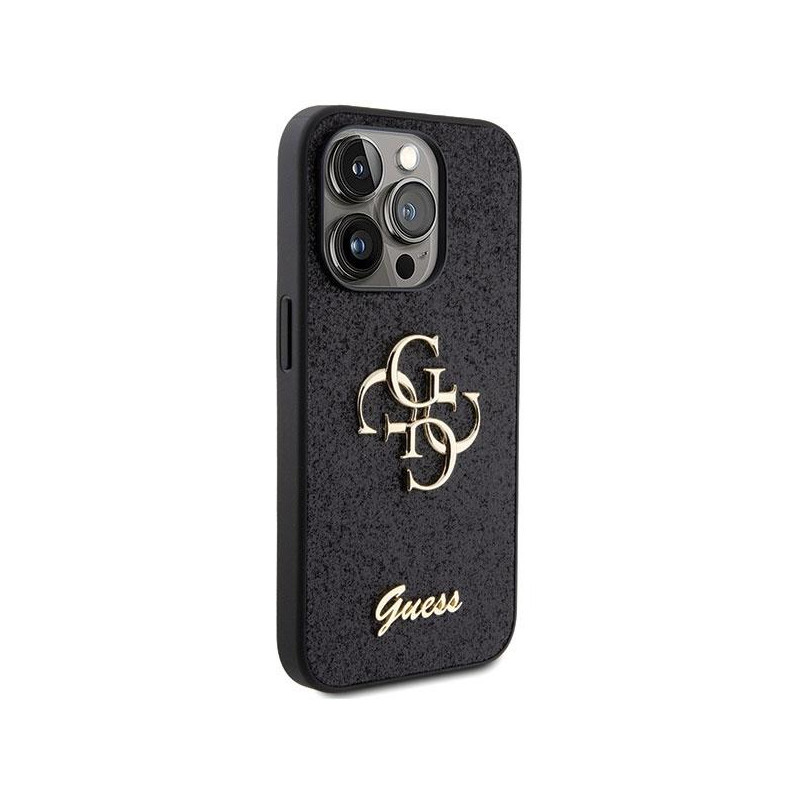 Guess Glitter Script Big 4G dėklas, skirtas iPhone 15 Pro Max - juodas