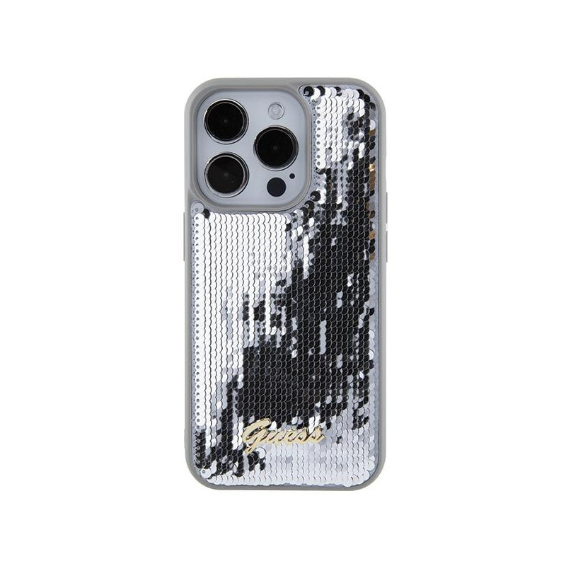 Guess Sequin Script Metalinis dėklas iPhone 15 Pro Max - sidabrinis
