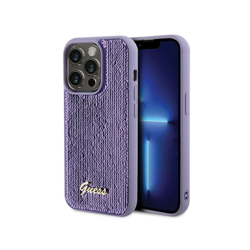 Guess Sequin Script Metalinis dėklas iPhone 15 Pro Max - violetinis