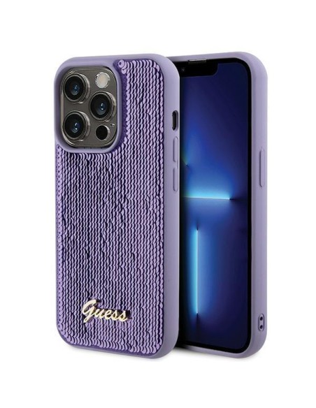 Guess Sequin Script Metalinis dėklas iPhone 15 Pro Max - violetinis Guess Sequin Script Metalinis dėklas iPhone 15 Pro Max - violetinis