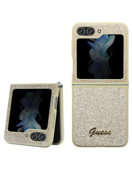 Guess Glitter Script dėklas, skirtas Samsung Galaxy Z Flip 5 - auksinis Guess Glitter Script dėklas, skirtas Samsung Galaxy Z Flip 5 - auksinis