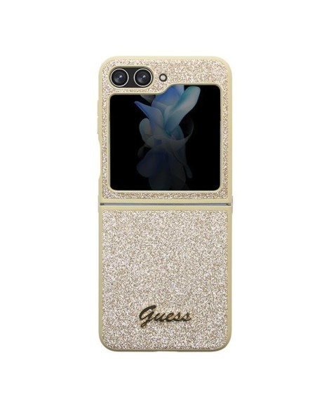 Guess Glitter Script dėklas, skirtas Samsung Galaxy Z Flip 5 - auksinis Guess Glitter Script dėklas, skirtas Samsung Galaxy Z Flip 5 - auksinis