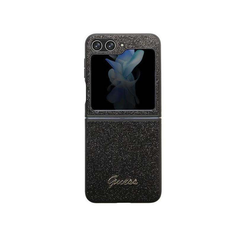 Guess Glitter Script dėklas, skirtas Samsung Galaxy Z Flip 5 - juodas