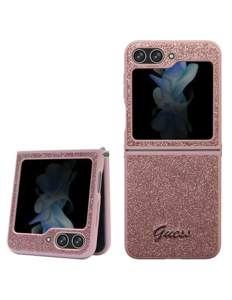 Guess Glitter Script dėklas, skirtas Samsung Galaxy Z Flip 5 - rožinis Guess Glitter Script dėklas, skirtas Samsung Galaxy Z Flip 5 - rožinis