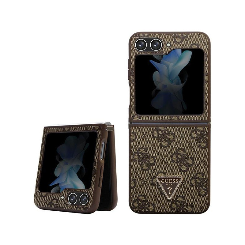 Guess Leather 4G Triangle Strass dėklas, skirtas Samsung Galaxy Z Flip 5 - rudas