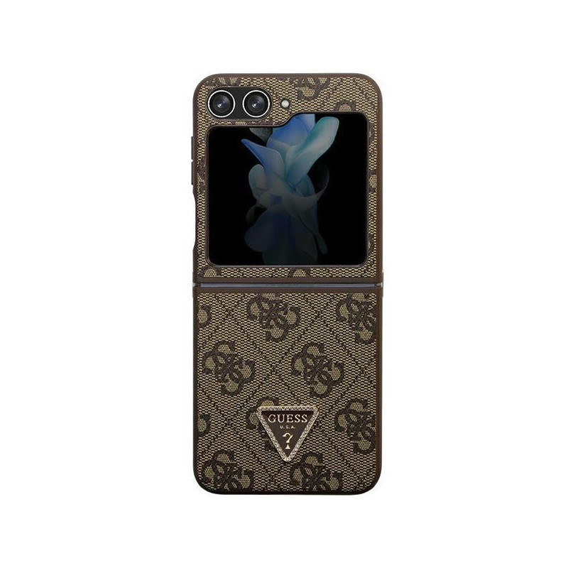 Guess Leather 4G Triangle Strass dėklas, skirtas Samsung Galaxy Z Flip 5 - rudas