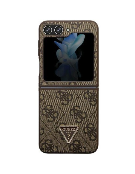 Guess Leather 4G Triangle Strass dėklas, skirtas Samsung Galaxy Z Flip 5 - rudas Guess Leather 4G Triangle Strass dėklas, skirtas Samsung Galaxy Z Flip 5 - rudas