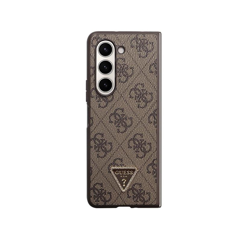 Guess Leather 4G Triangle Strass dėklas, skirtas Samsung Galaxy Z Fold 5 - rudas