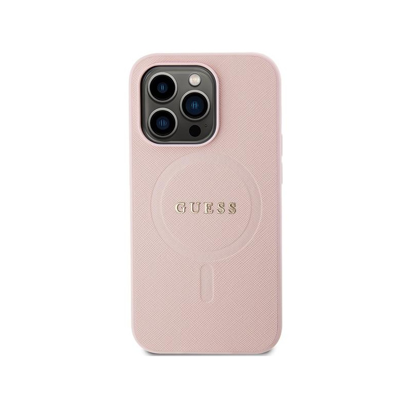 Guess Saffiano MagSafe dėklas iPhone 14 Pro Max - rožinis