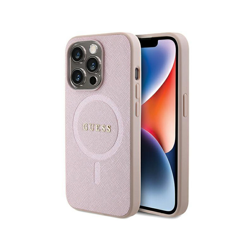 Guess Saffiano MagSafe dėklas iPhone 15 Pro - rožinis