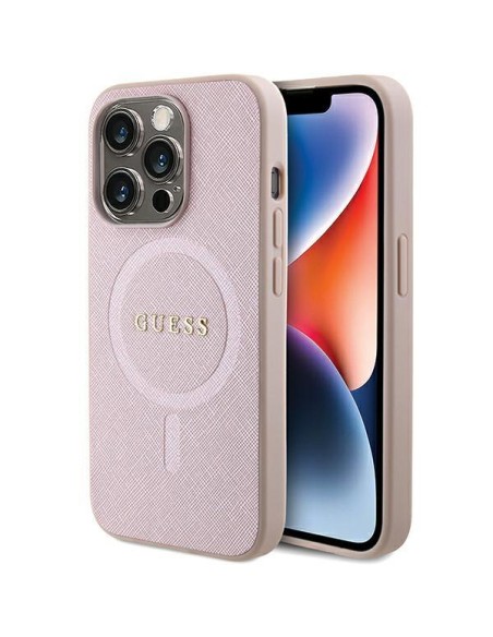 Guess Saffiano MagSafe dėklas iPhone 15 Pro - rožinis