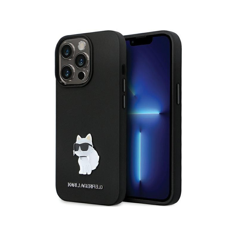 Karl Lagerfeld Silicone Choupette Metal Pin dėklas iPhone 14 Pro - juodas