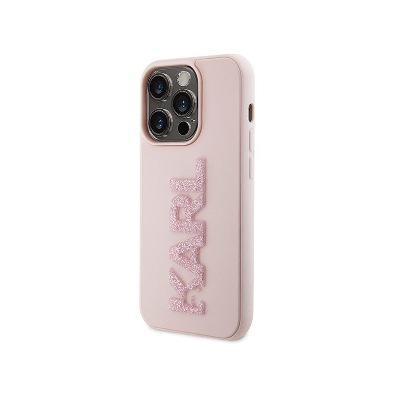 Karl Lagerfeld 3D Rubber Glitter Logo dėklas iPhone 15 Pro - rožinis