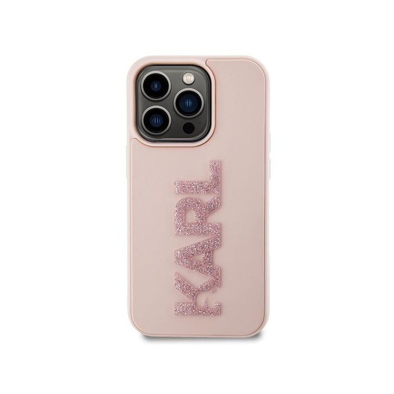 Karl Lagerfeld 3D Rubber Glitter Logo dėklas iPhone 15 Pro - rožinis