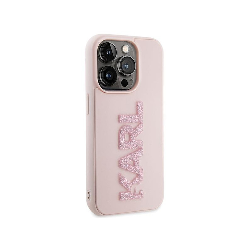 Karl Lagerfeld 3D Rubber Glitter Logo dėklas iPhone 15 Pro - rožinis