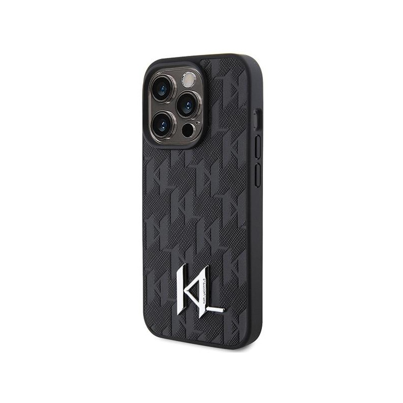 Karl Lagerfeld Leather Monogram Hot Stamp Metal Logo dėklas, skirtas iPhone 15 Pro - juodas