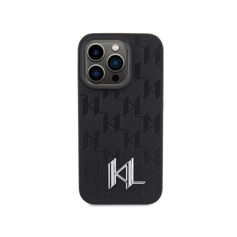 Karl Lagerfeld Leather Monogram Hot Stamp Metal Logo dėklas, skirtas iPhone 15 Pro - juodas