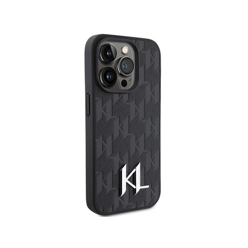 Karl Lagerfeld Leather Monogram Hot Stamp Metal Logo dėklas, skirtas iPhone 15 Pro - juodas