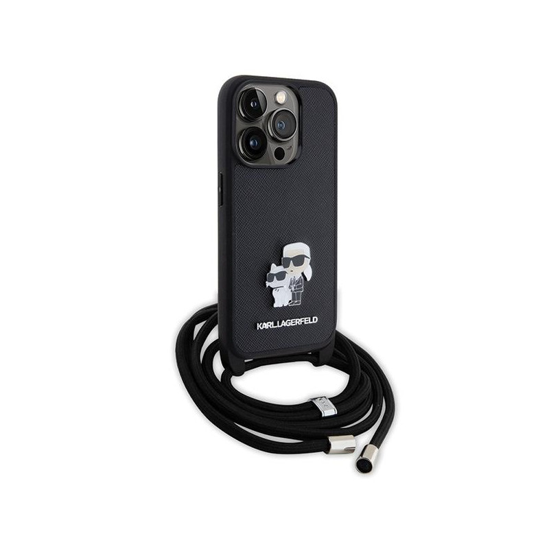 Karl Lagerfeld Crossbody Saffiano Metal Pin Karl&Choupette dėklas iPhone 15 Pro - juodas