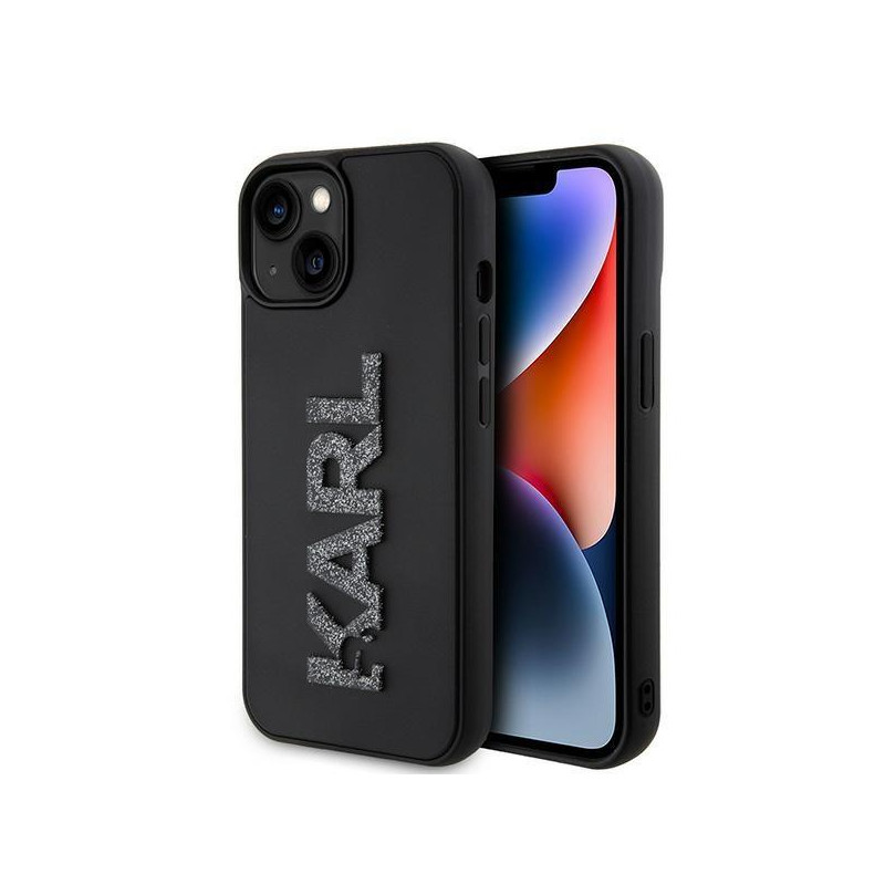 Karl Lagerfeld 3D Rubber Glitter Logo dėklas iPhone 15 Plus - juodas Karl Lagerfeld 3D Rubber Glitter Logo dėklas iPhone 15 Plus - juodas
