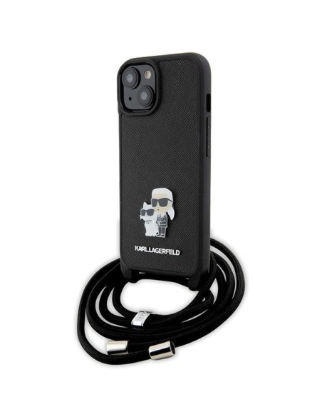 Karl Lagerfeld Crossbody Saffiano Metal Pin Karl&Choupette dėklas iPhone 15 Plus - juodas Karl Lagerfeld Crossbody Saffiano Metal Pin Karl&Choupette dėklas iPhone 15 Plus - juodas