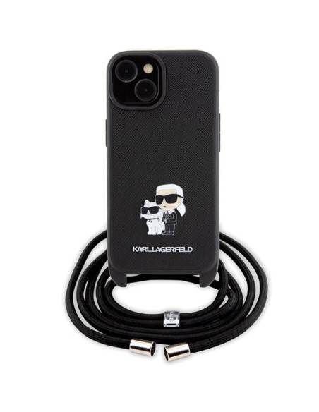 Karl Lagerfeld Crossbody Saffiano Metal Pin Karl&Choupette dėklas iPhone 15 Plus - juodas Karl Lagerfeld Crossbody Saffiano Metal Pin Karl&Choupette dėklas iPhone 15 Plus - juodas
