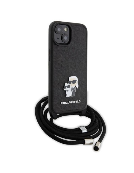 Karl Lagerfeld Crossbody Saffiano Metal Pin Karl&Choupette dėklas iPhone 15 Plus - juodas Karl Lagerfeld Crossbody Saffiano Metal Pin Karl&Choupette dėklas iPhone 15 Plus - juodas